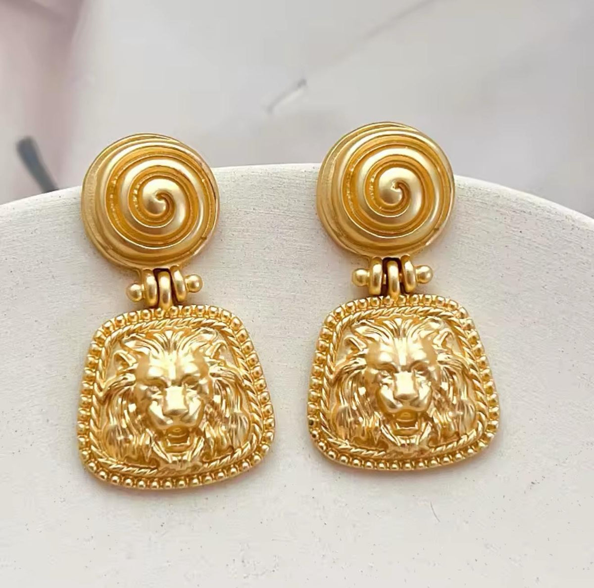 REGAL LION EMBLEM DROP EARRINGS