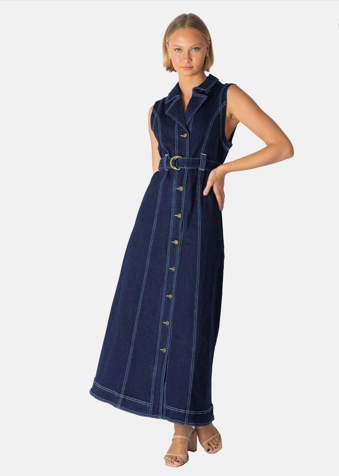 DENIM COLLARED BUTTON UP MAXI DRESS