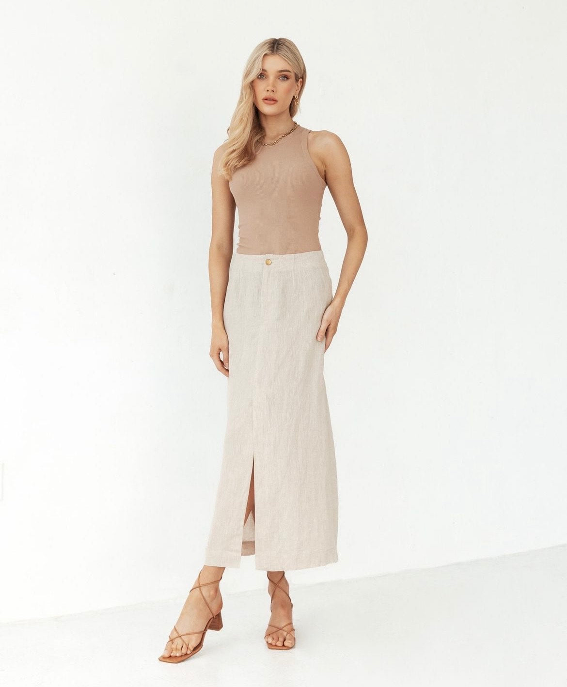 LINEN FRONT SPLIT MIDI SKIRT